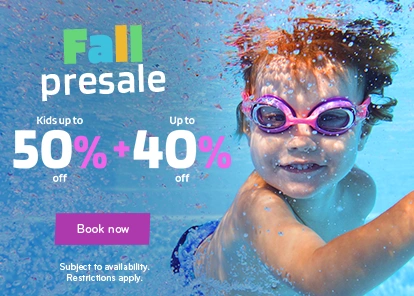 Fall presale with 50% and 40% discounts for families featuring a child swimming underwater.